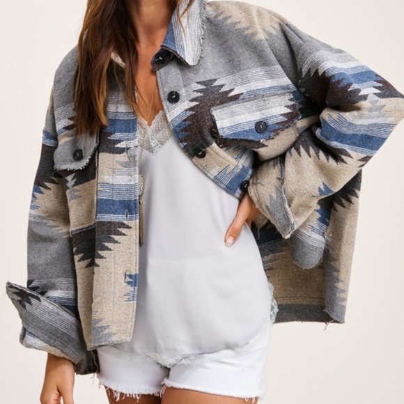 SANTA FE Teal Distressed Aztec Button Down Jacket - Picture 5 of 10